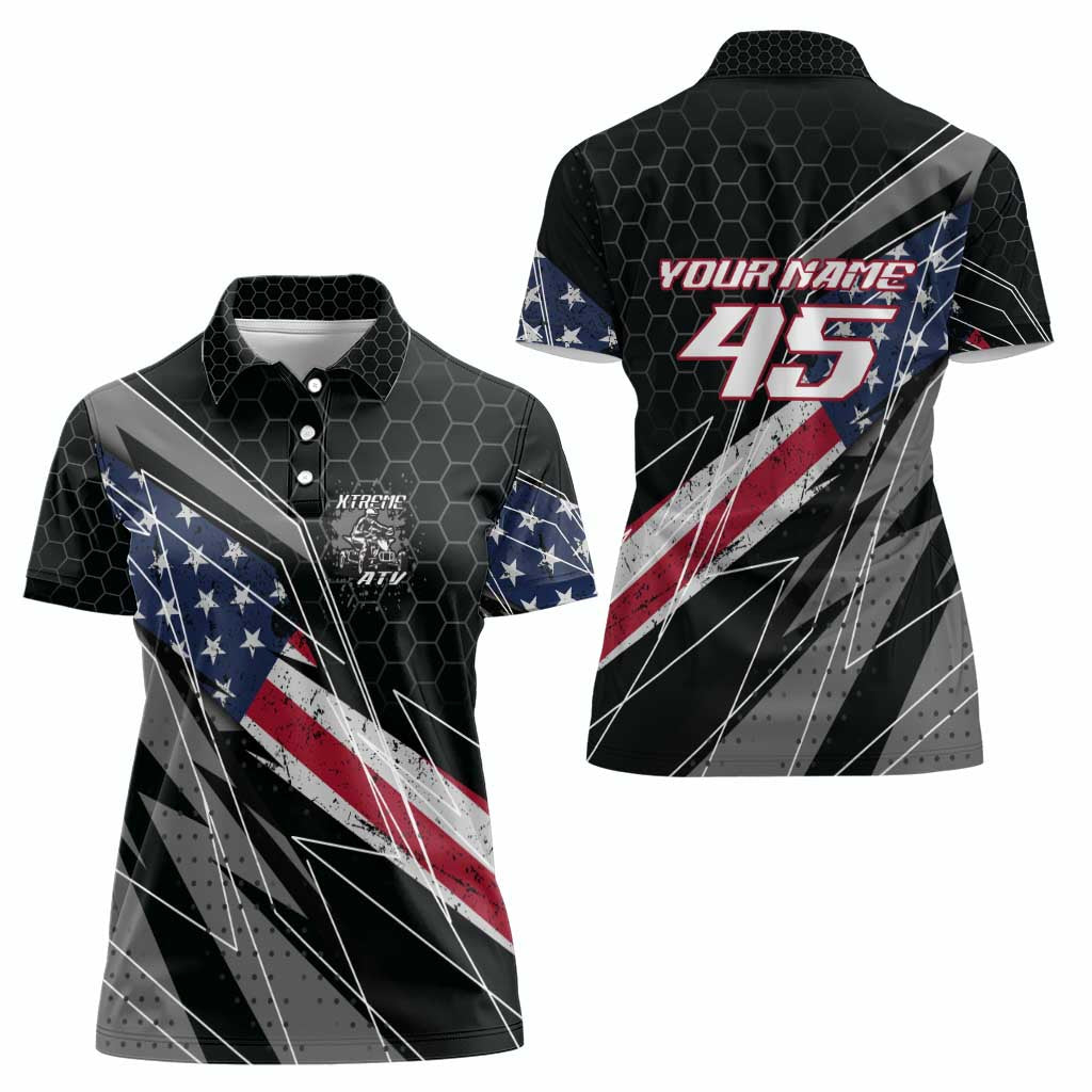 Custom Bike Shirt Racing Motocross Women Polo Shirt American Flag and Black Hexagon Lightning Graphic Design - Wonder Print Shop