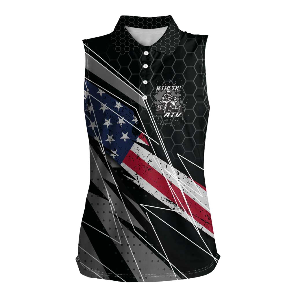 Custom Bike Shirt Racing Motocross Women Sleeveless Polo Shirt American Flag and Black Hexagon Lightning Graphic Design - Wonder Print Shop
