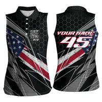 Custom Bike Shirt Racing Motocross Women Sleeveless Polo Shirt American Flag and Black Hexagon Lightning Graphic Design - Wonder Print Shop