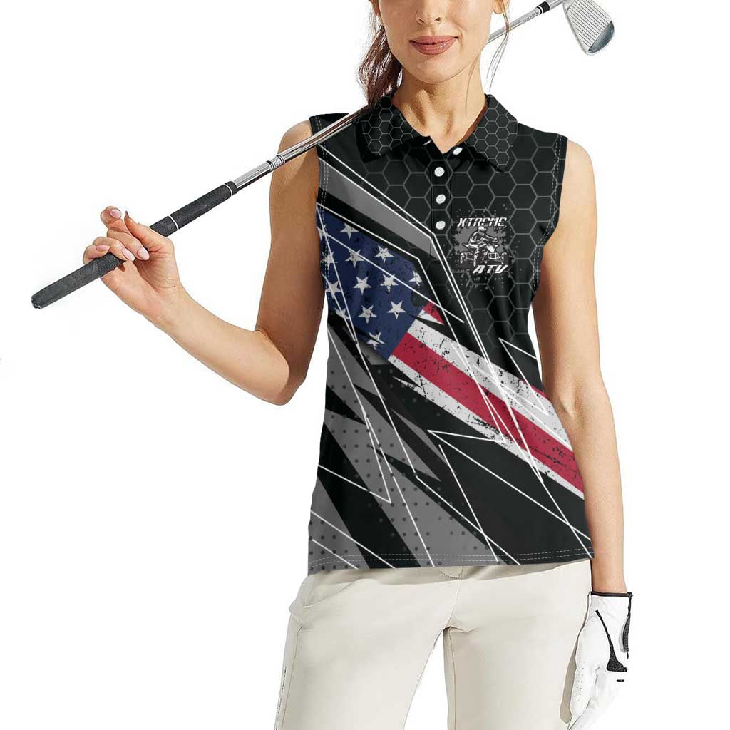 Custom Bike Shirt Racing Motocross Women Sleeveless Polo Shirt American Flag and Black Hexagon Lightning Graphic Design - Wonder Print Shop