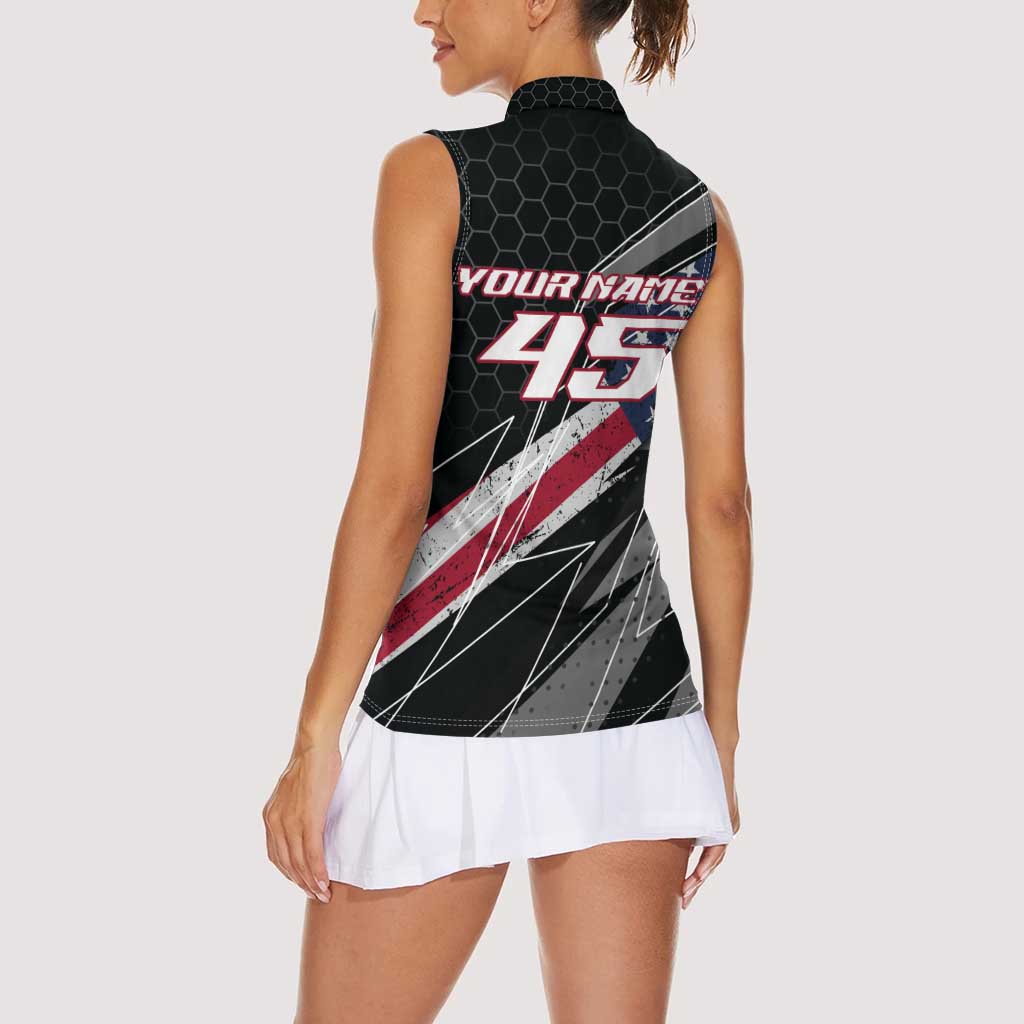 Custom Bike Shirt Racing Motocross Women Sleeveless Polo Shirt American Flag and Black Hexagon Lightning Graphic Design - Wonder Print Shop