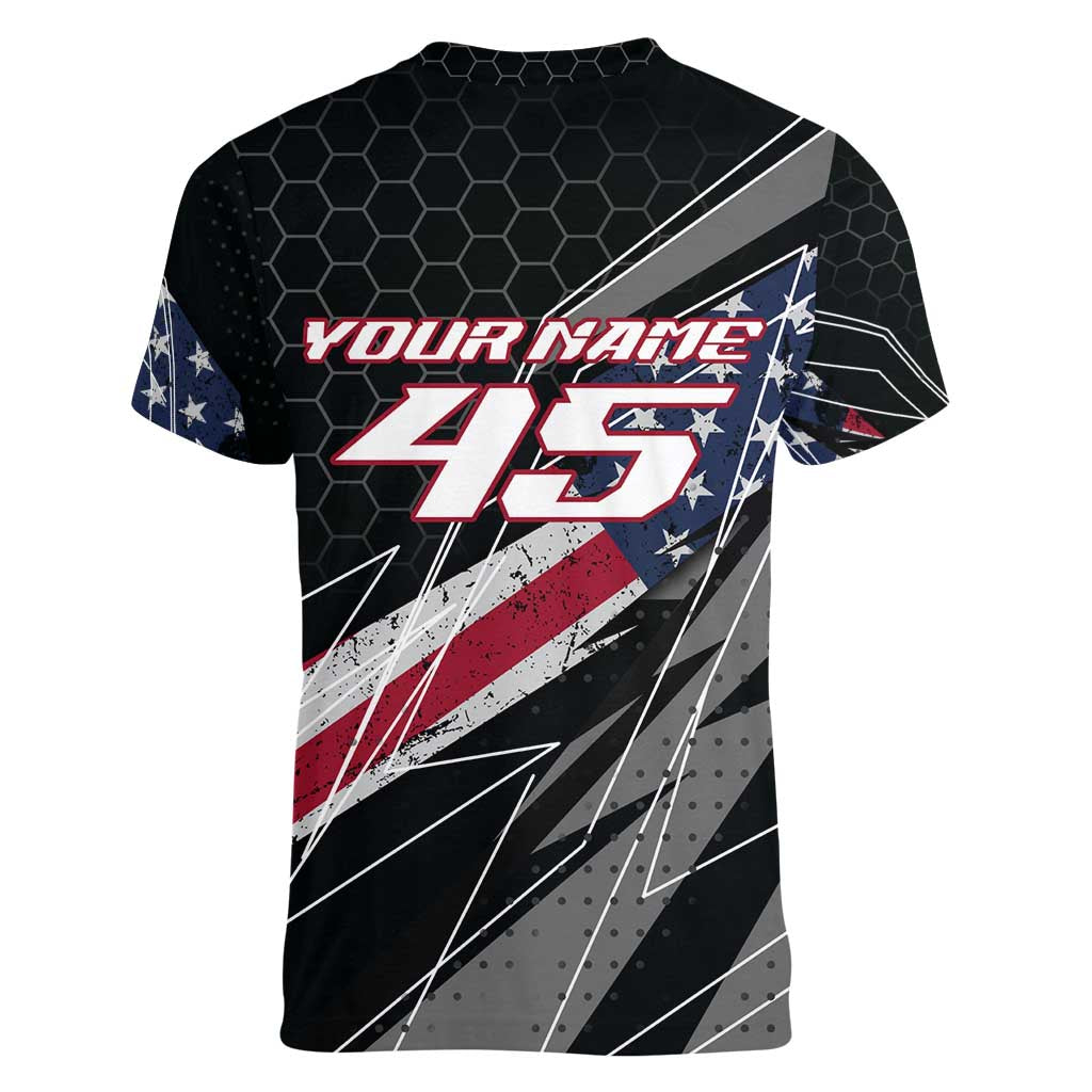 Custom Bike Shirt Racing Motocross Women V-Neck T-Shirt American Flag and Black Hexagon Lightning Graphic Design - Wonder Print Shop