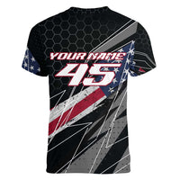 Custom Bike Shirt Racing Motocross Women V-Neck T-Shirt American Flag and Black Hexagon Lightning Graphic Design - Wonder Print Shop