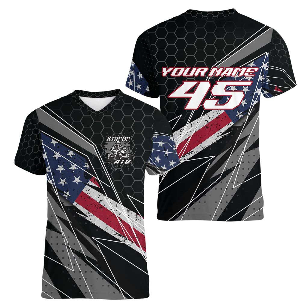 Custom Bike Shirt Racing Motocross Women V-Neck T-Shirt American Flag and Black Hexagon Lightning Graphic Design - Wonder Print Shop