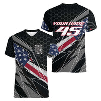 Custom Bike Shirt Racing Motocross Women V-Neck T-Shirt American Flag and Black Hexagon Lightning Graphic Design - Wonder Print Shop