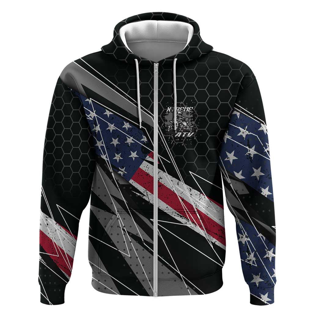 Custom Bike Shirt Racing Motocross Zip Hoodie American Flag and Black Hexagon Lightning Graphic Design - Wonder Print Shop