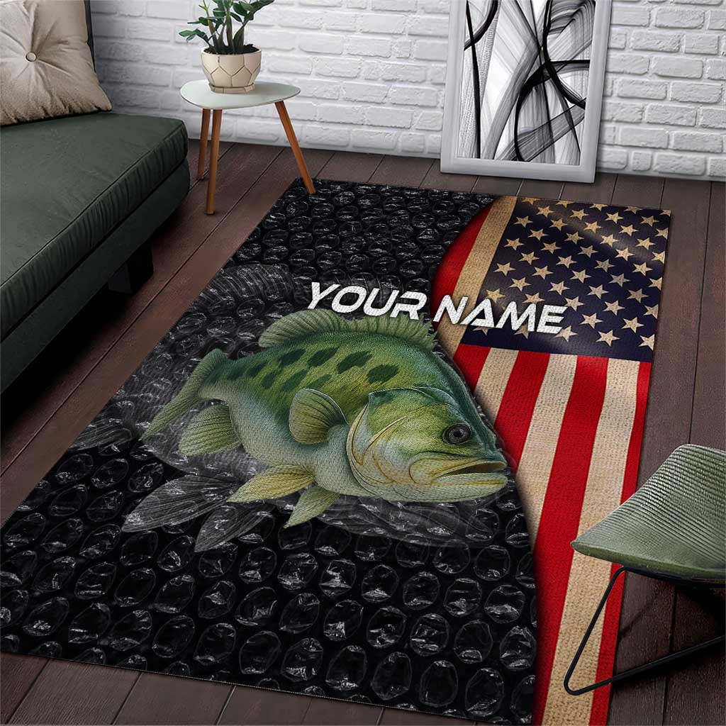 Custom Largemouth Bass Fishing Area Rug American Flag and Bubble Texture Background - Wonder Print Shop