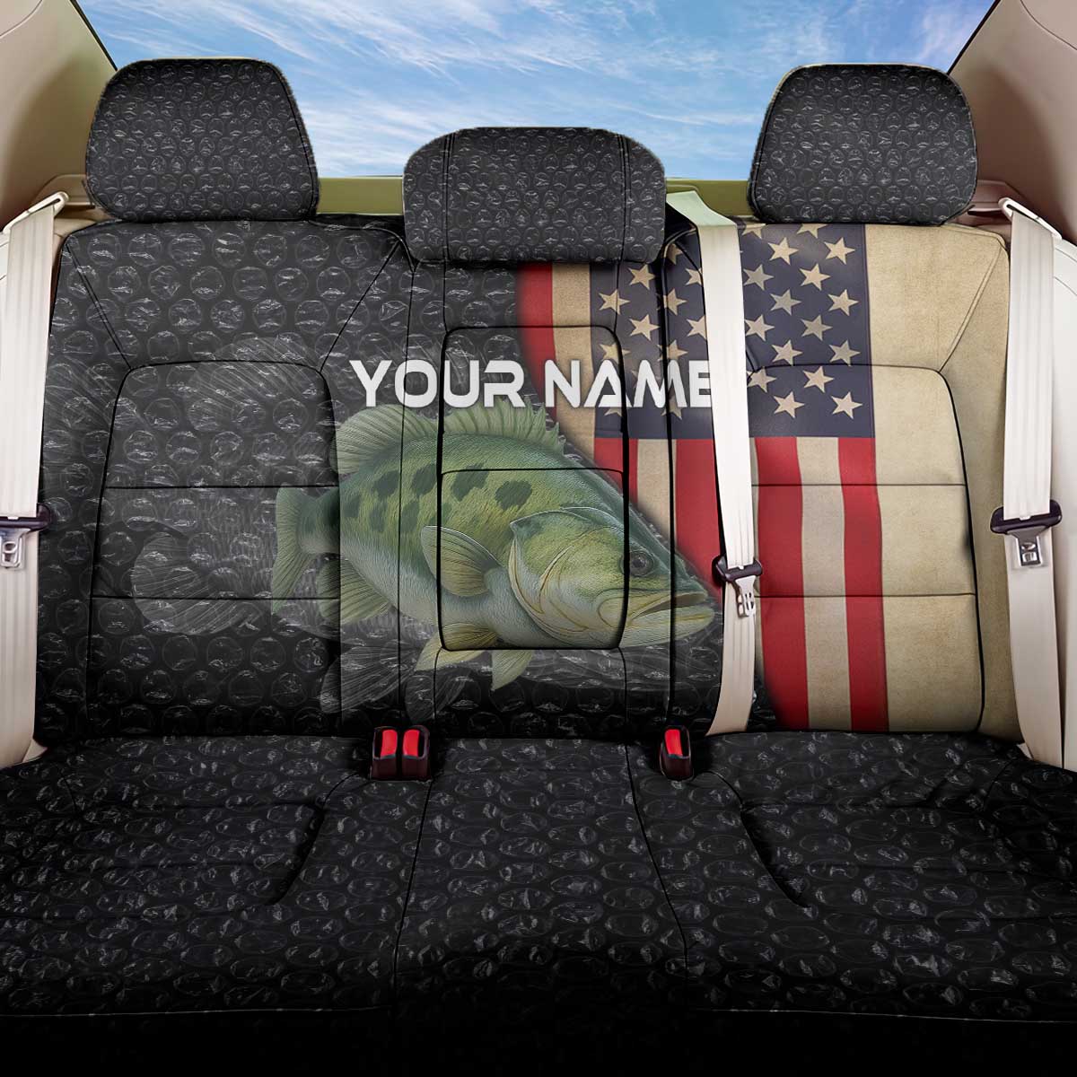 Custom Largemouth Bass Fishing Back Car Seat Cover American Flag and Bubble Texture Background - Wonder Print Shop