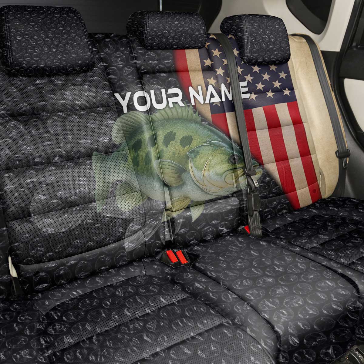 Custom Largemouth Bass Fishing Back Car Seat Cover American Flag and Bubble Texture Background - Wonder Print Shop