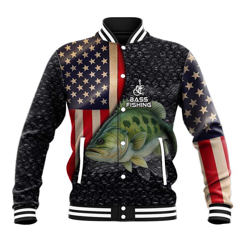 Custom Largemouth Bass Fishing Baseball Jacket American Flag and Bubble Texture Background - Wonder Print Shop