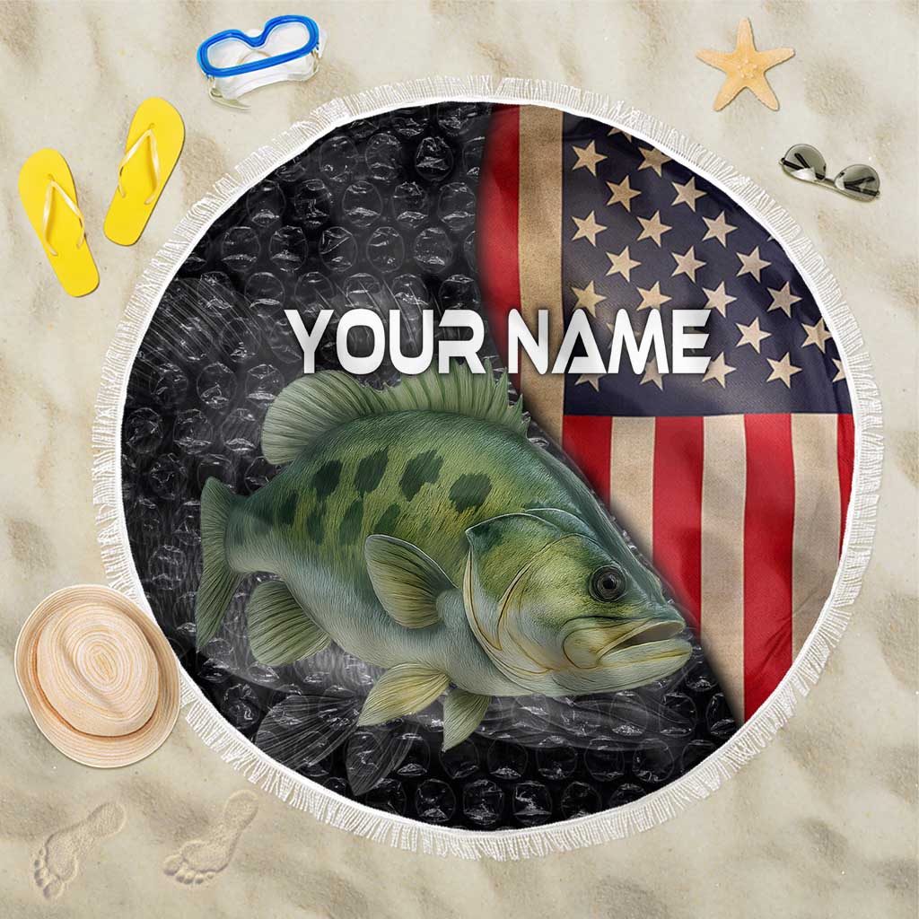 Custom Largemouth Bass Fishing Beach Blanket American Flag and Bubble Texture Background - Wonder Print Shop