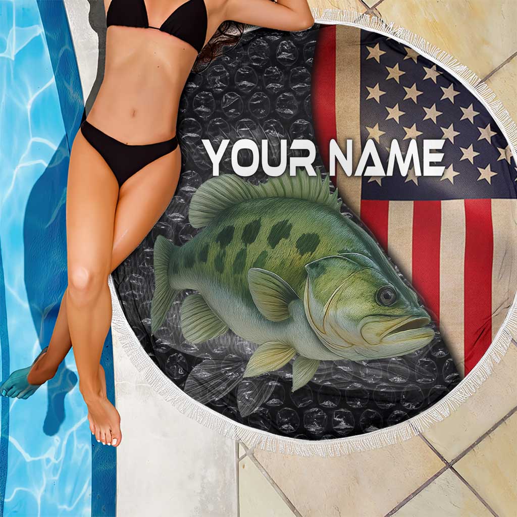 Custom Largemouth Bass Fishing Beach Blanket American Flag and Bubble Texture Background - Wonder Print Shop