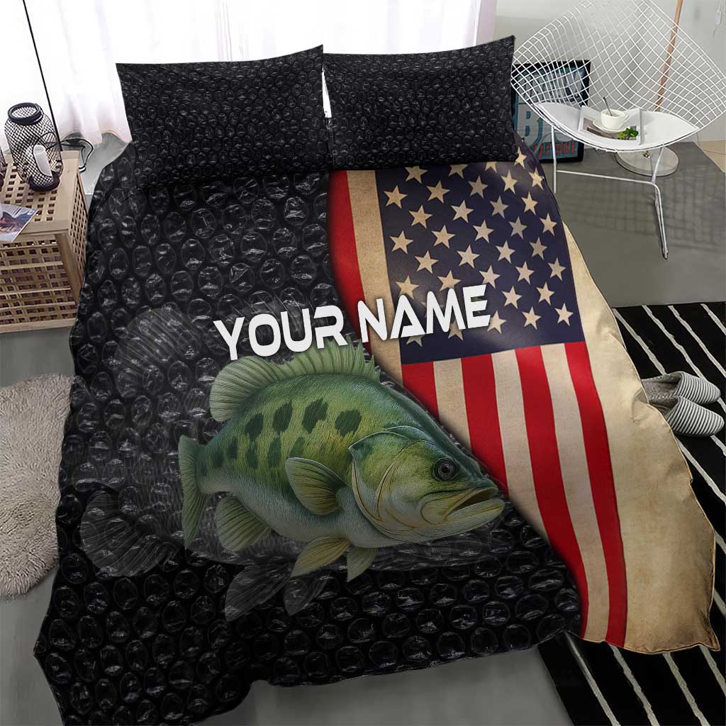 Custom Largemouth Bass Fishing Bedding Set American Flag and Bubble Texture Background - Wonder Print Shop
