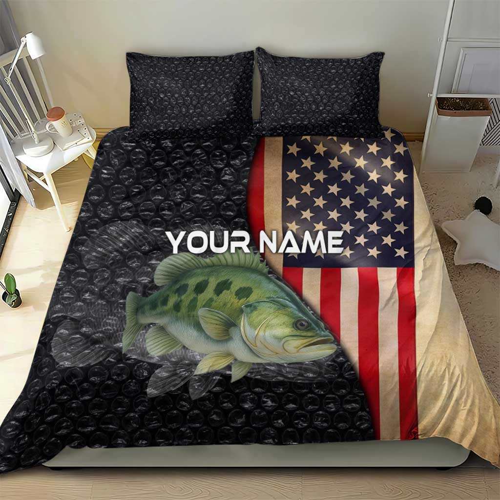 Custom Largemouth Bass Fishing Bedding Set American Flag and Bubble Texture Background - Wonder Print Shop
