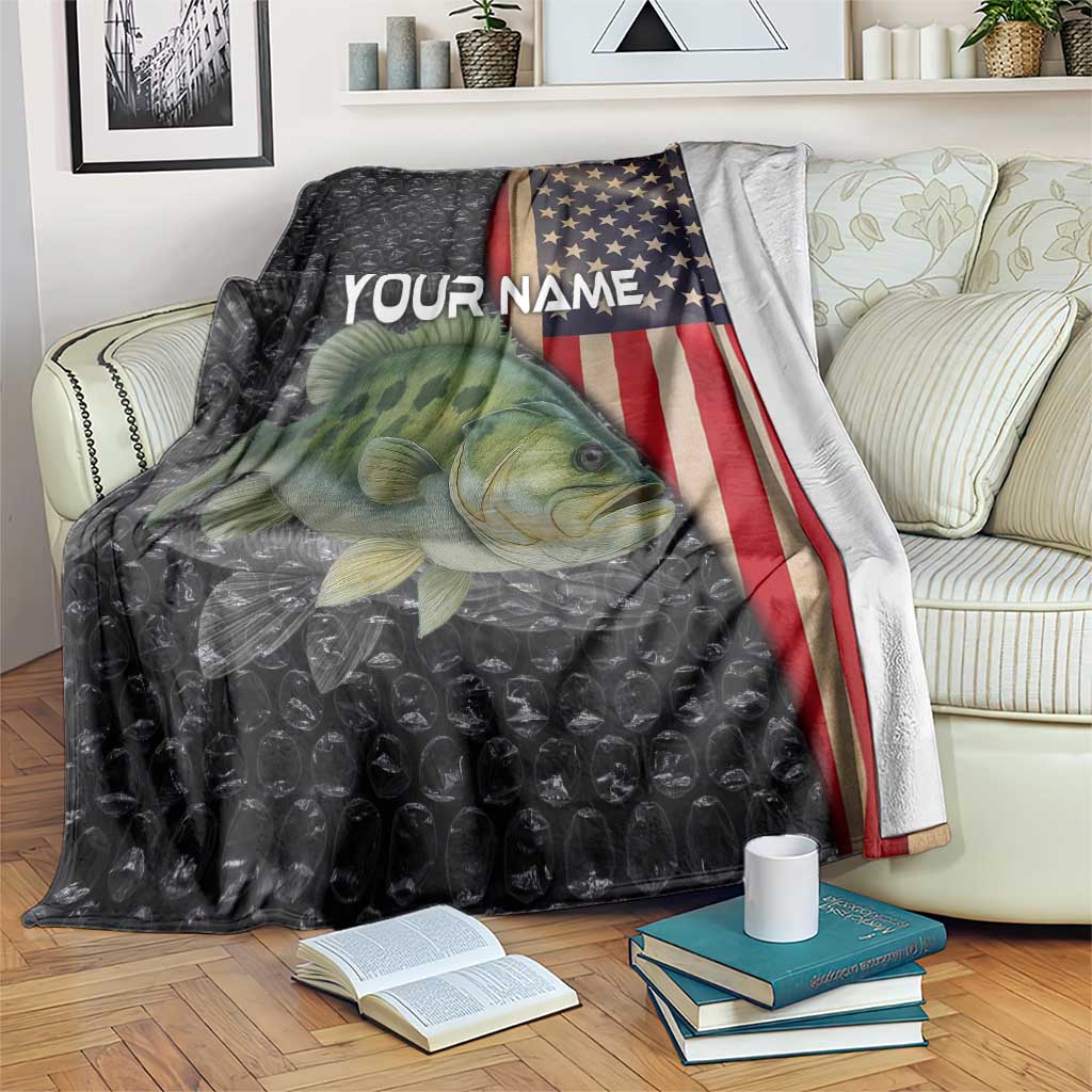 Custom Largemouth Bass Fishing Blanket American Flag and Bubble Texture Background - Wonder Print Shop