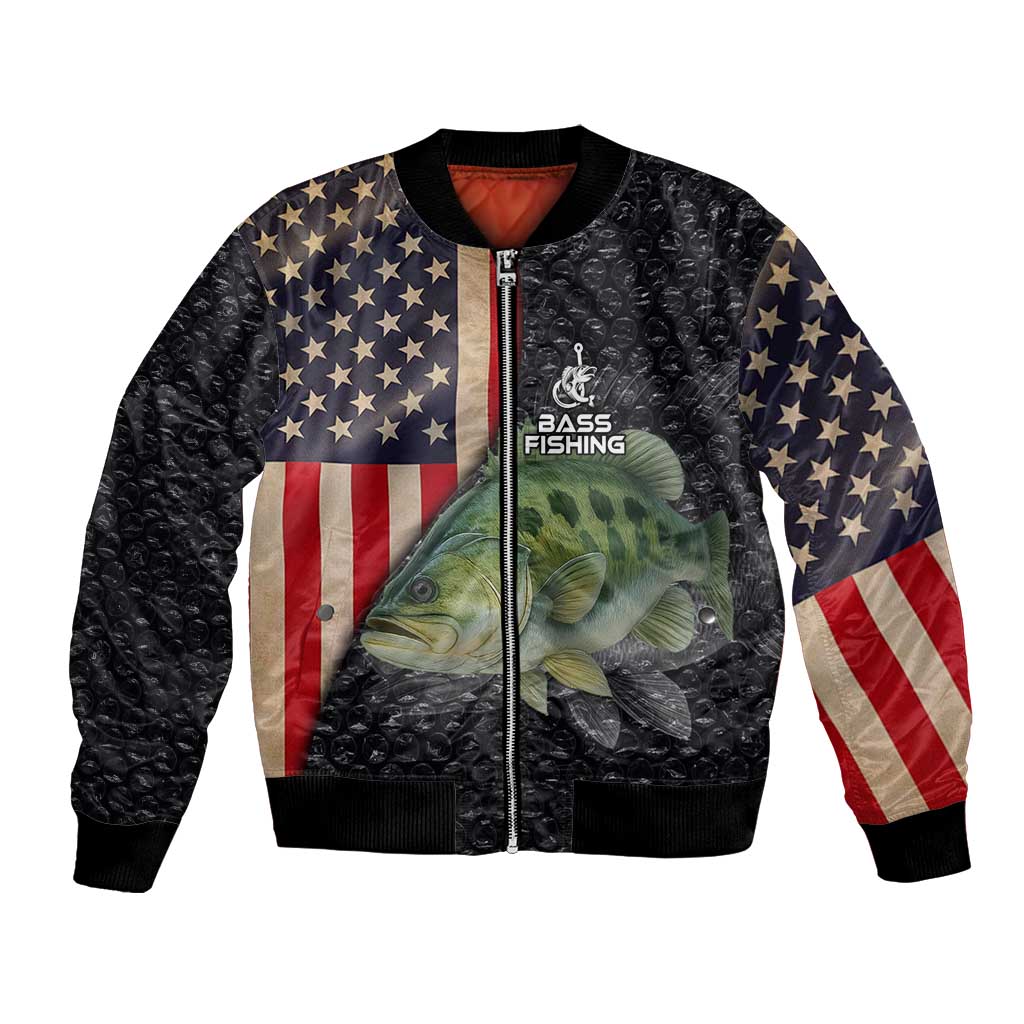Custom Largemouth Bass Fishing Bomber Jacket American Flag and Bubble Texture Background - Wonder Print Shop