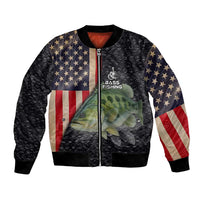 Custom Largemouth Bass Fishing Bomber Jacket American Flag and Bubble Texture Background - Wonder Print Shop