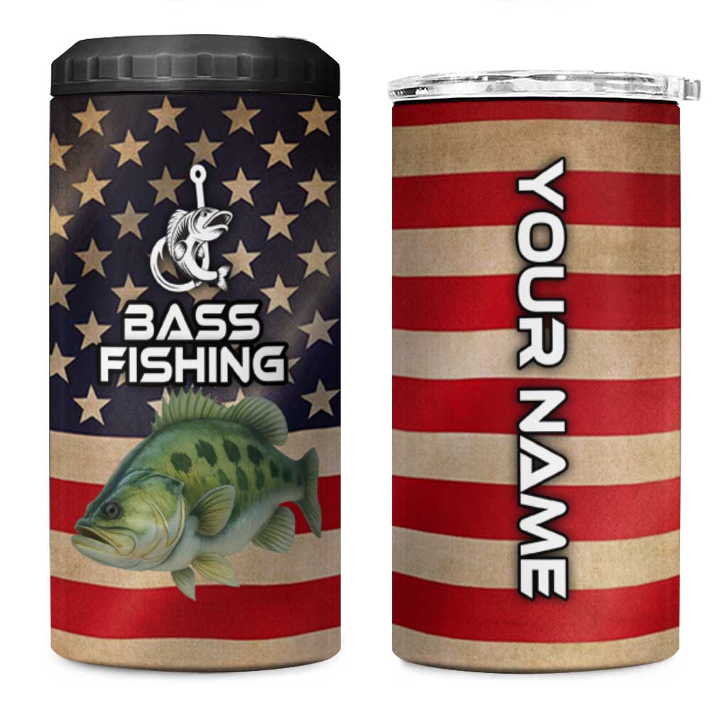 Custom Largemouth Bass Fishing 4 in 1 Can Cooler Tumbler American Flag and Bubble Texture Background - Wonder Print Shop