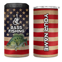 Custom Largemouth Bass Fishing 4 in 1 Can Cooler Tumbler American Flag and Bubble Texture Background - Wonder Print Shop