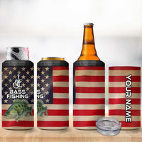 Custom Largemouth Bass Fishing 4 in 1 Can Cooler Tumbler American Flag and Bubble Texture Background - Wonder Print Shop