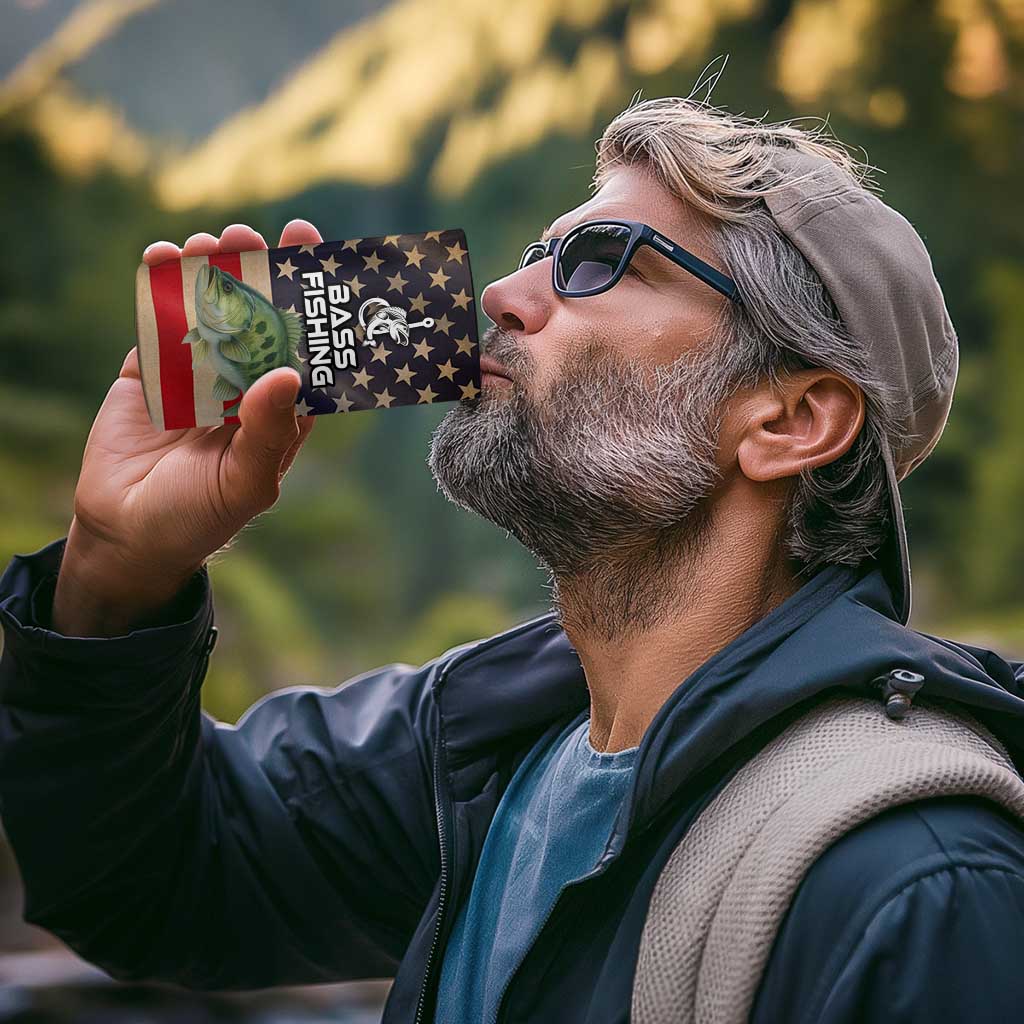 Custom Largemouth Bass Fishing 4 in 1 Can Cooler Tumbler American Flag and Bubble Texture Background - Wonder Print Shop