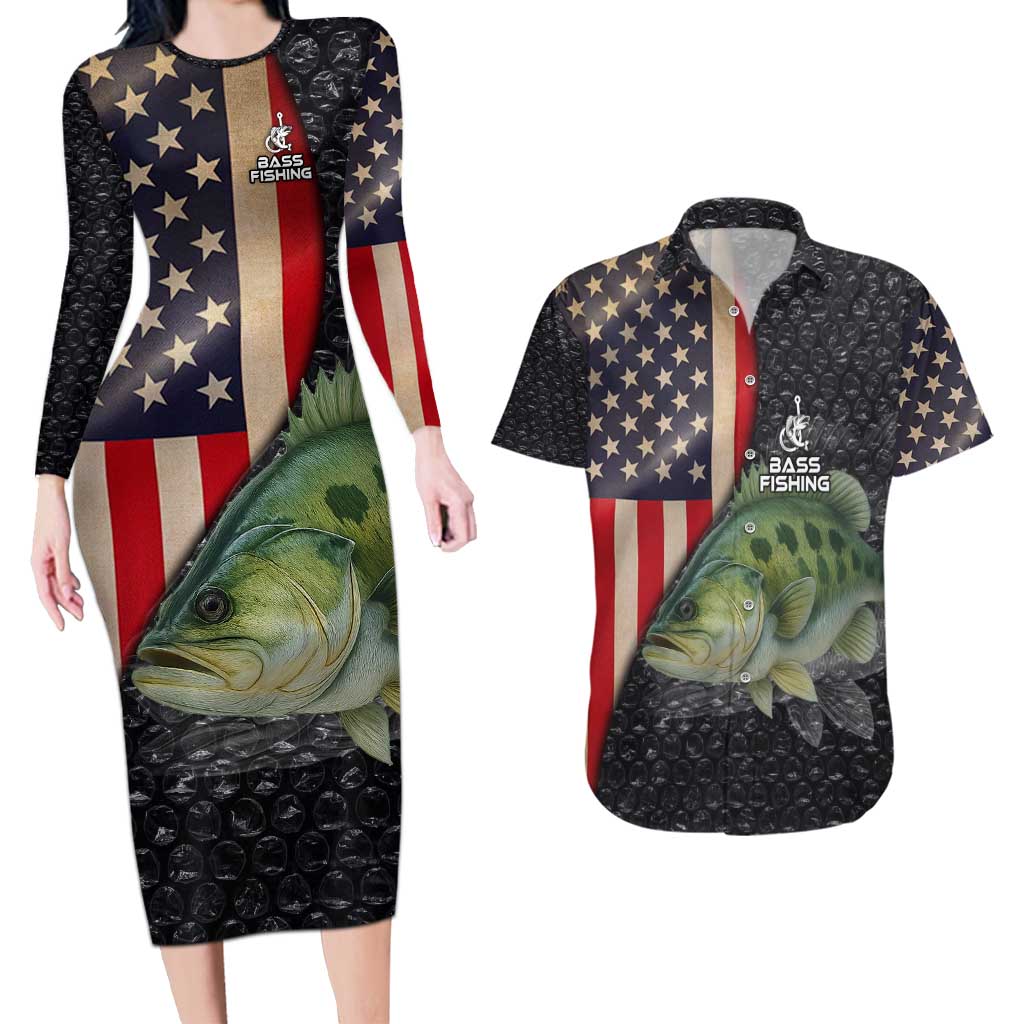 Custom Largemouth Bass Fishing Couples Matching Long Sleeve Bodycon Dress and Hawaiian Shirt American Flag and Bubble Texture Background - Wonder Print Shop