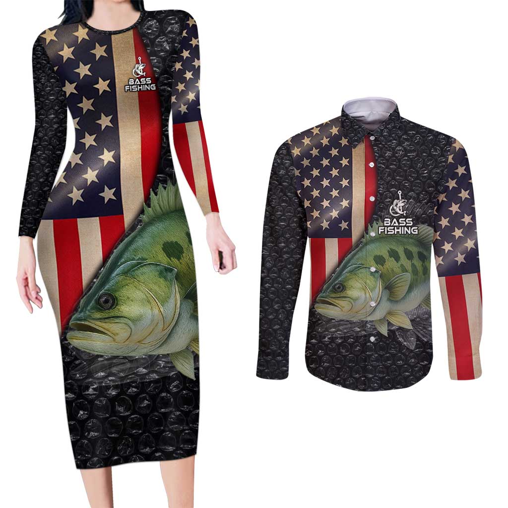 Custom Largemouth Bass Fishing Couples Matching Long Sleeve Bodycon Dress and Long Sleeve Button Shirt American Flag and Bubble Texture Background - Wonder Print Shop