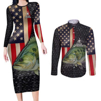 Custom Largemouth Bass Fishing Couples Matching Long Sleeve Bodycon Dress and Long Sleeve Button Shirt American Flag and Bubble Texture Background - Wonder Print Shop