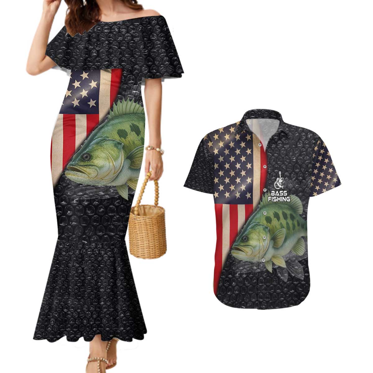 Custom Largemouth Bass Fishing Couples Matching Mermaid Dress and Hawaiian Shirt American Flag and Bubble Texture Background - Wonder Print Shop