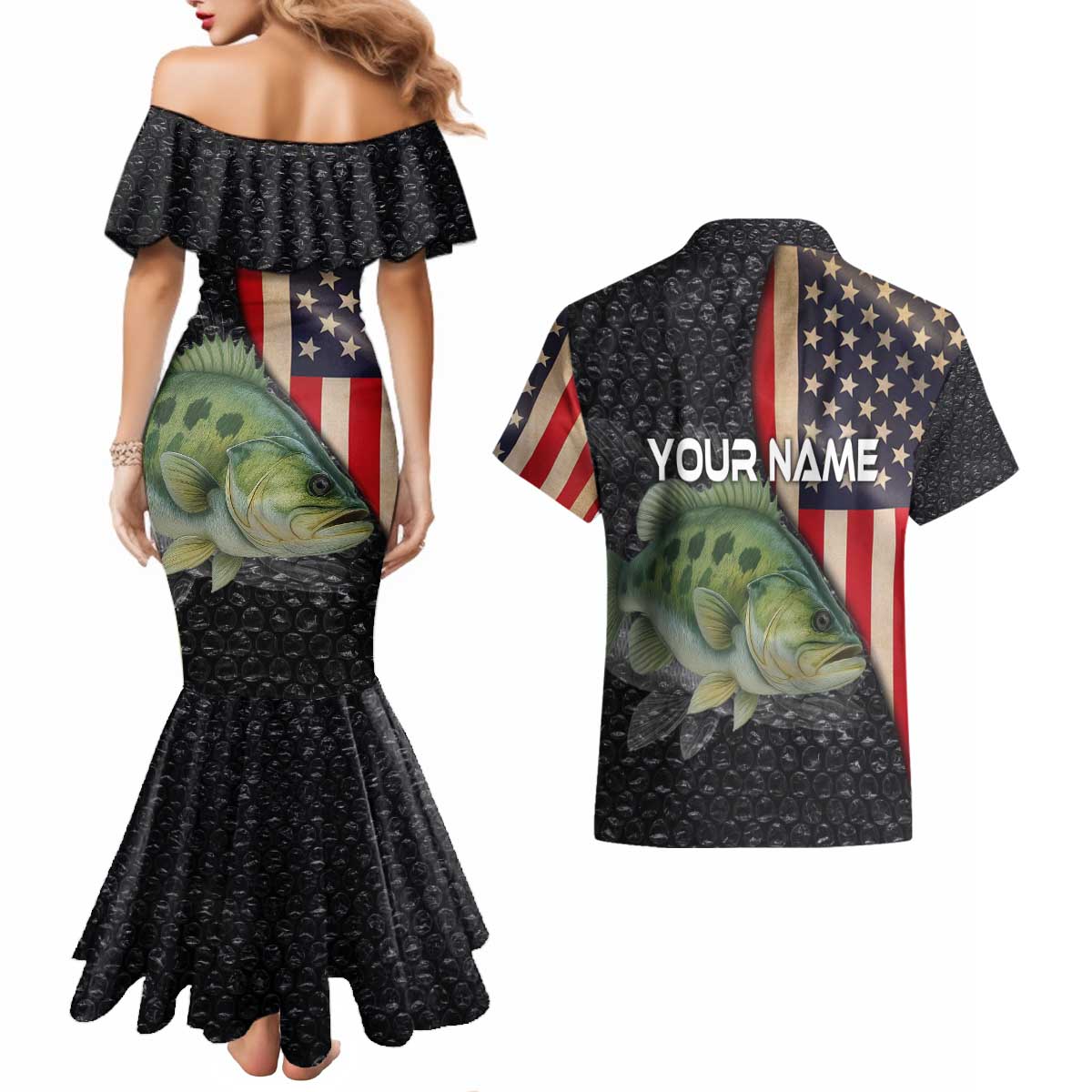 Custom Largemouth Bass Fishing Couples Matching Mermaid Dress and Hawaiian Shirt American Flag and Bubble Texture Background - Wonder Print Shop