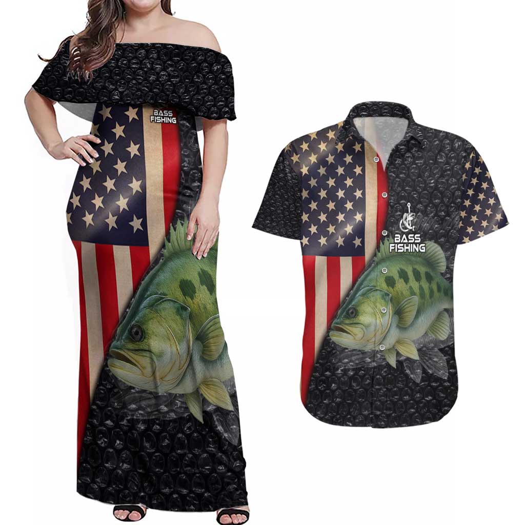 Custom Largemouth Bass Fishing Couples Matching Off Shoulder Maxi Dress and Hawaiian Shirt American Flag and Bubble Texture Background - Wonder Print Shop