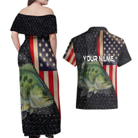 Custom Largemouth Bass Fishing Couples Matching Off Shoulder Maxi Dress and Hawaiian Shirt American Flag and Bubble Texture Background - Wonder Print Shop