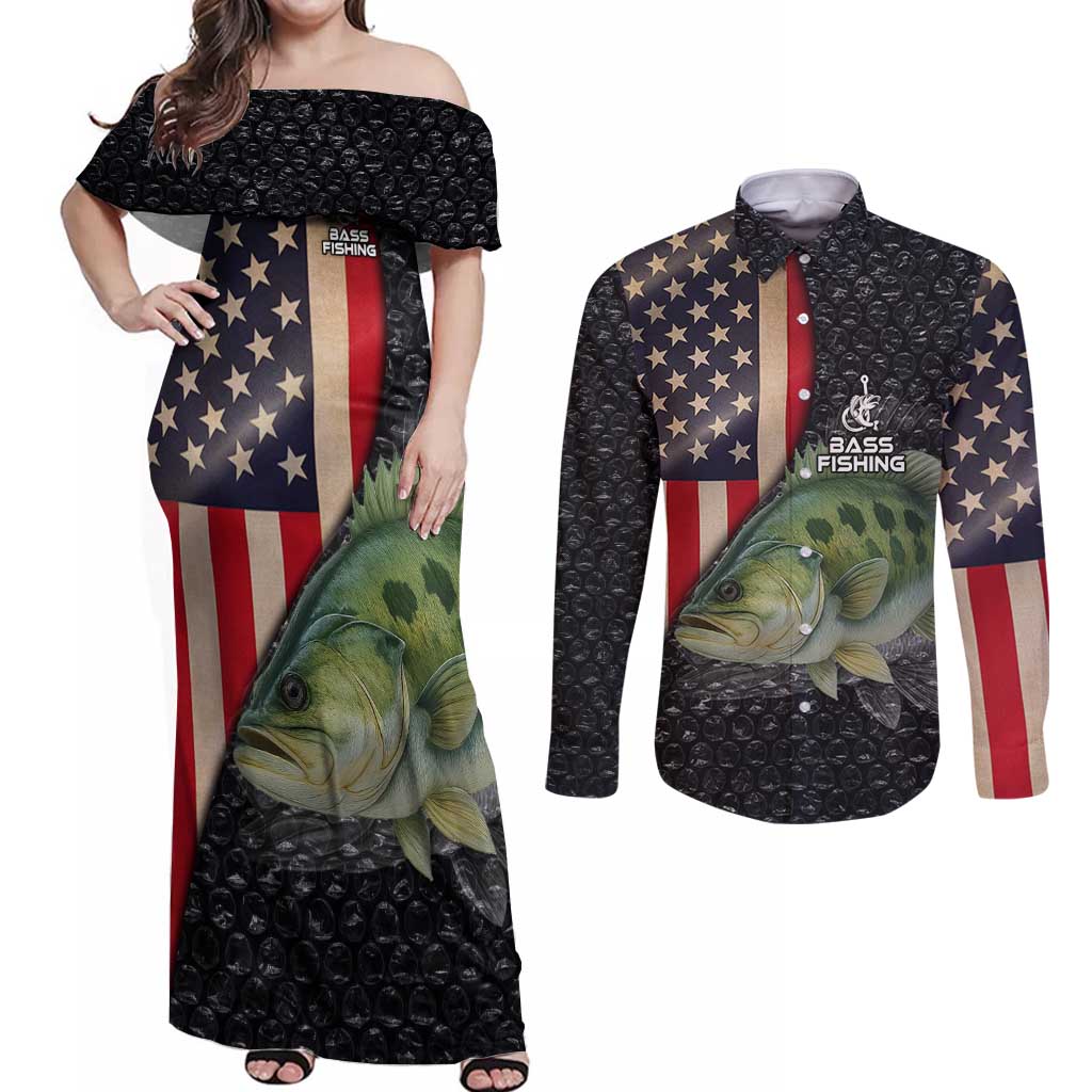 Custom Largemouth Bass Fishing Couples Matching Off Shoulder Maxi Dress and Long Sleeve Button Shirt American Flag and Bubble Texture Background - Wonder Print Shop