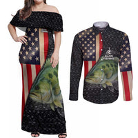 Custom Largemouth Bass Fishing Couples Matching Off Shoulder Maxi Dress and Long Sleeve Button Shirt American Flag and Bubble Texture Background - Wonder Print Shop