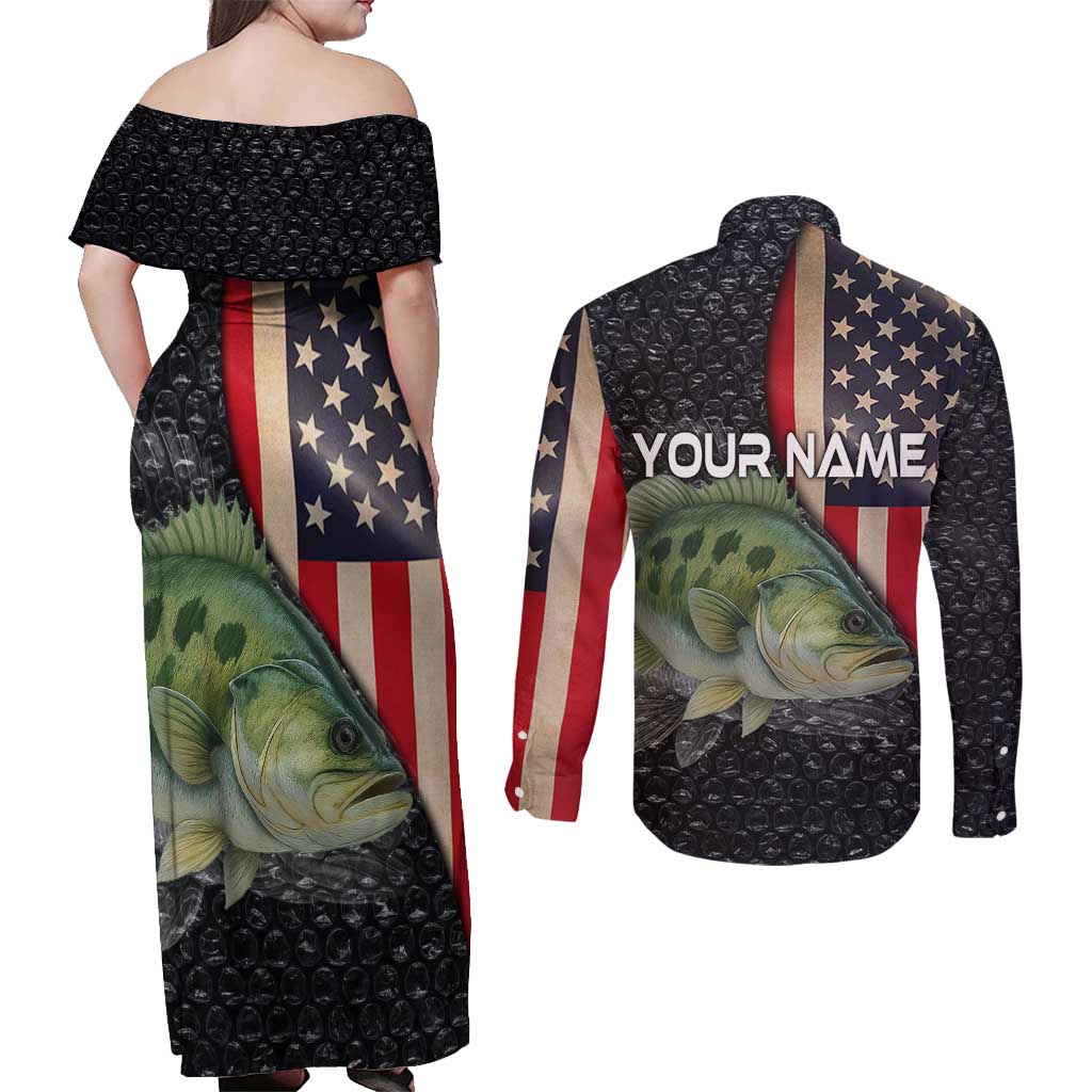 Custom Largemouth Bass Fishing Couples Matching Off Shoulder Maxi Dress and Long Sleeve Button Shirt American Flag and Bubble Texture Background - Wonder Print Shop