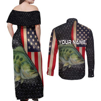 Custom Largemouth Bass Fishing Couples Matching Off Shoulder Maxi Dress and Long Sleeve Button Shirt American Flag and Bubble Texture Background - Wonder Print Shop