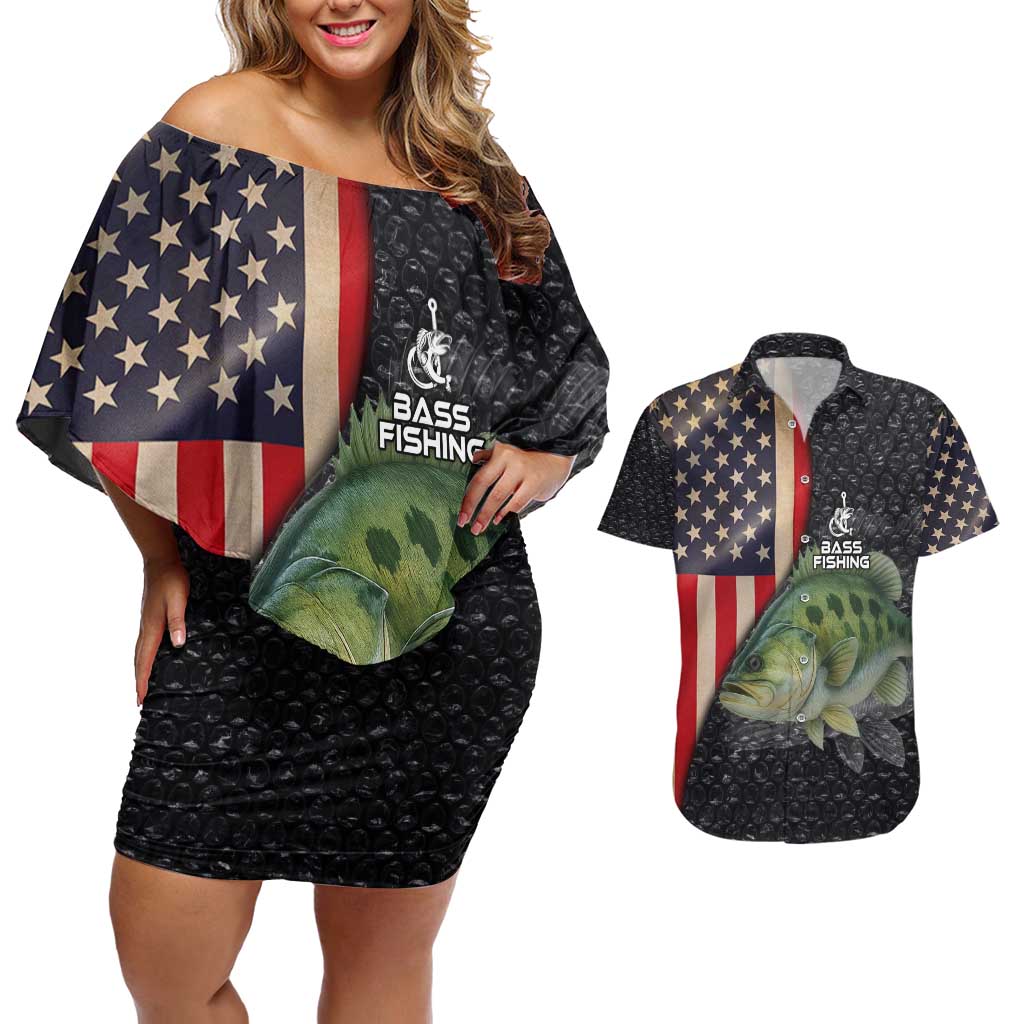 Custom Largemouth Bass Fishing Couples Matching Off Shoulder Short Dress and Hawaiian Shirt American Flag and Bubble Texture Background - Wonder Print Shop