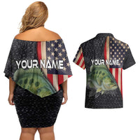 Custom Largemouth Bass Fishing Couples Matching Off Shoulder Short Dress and Hawaiian Shirt American Flag and Bubble Texture Background - Wonder Print Shop