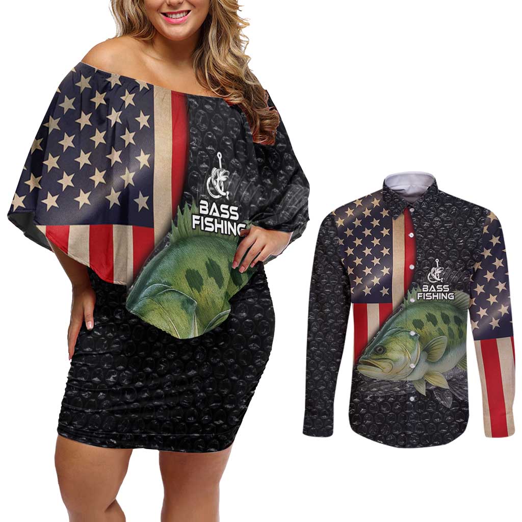 Custom Largemouth Bass Fishing Couples Matching Off Shoulder Short Dress and Long Sleeve Button Shirt American Flag and Bubble Texture Background - Wonder Print Shop
