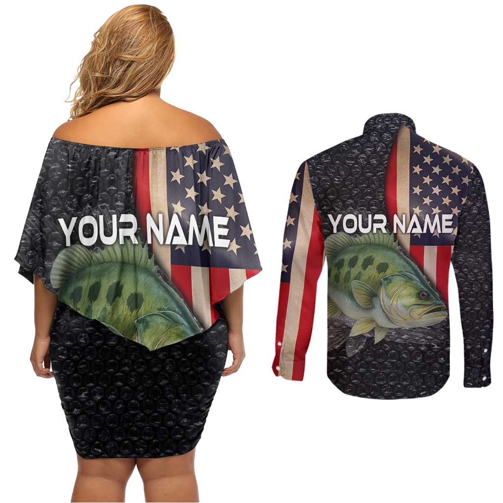 Custom Largemouth Bass Fishing Couples Matching Off Shoulder Short Dress and Long Sleeve Button Shirt American Flag and Bubble Texture Background - Wonder Print Shop