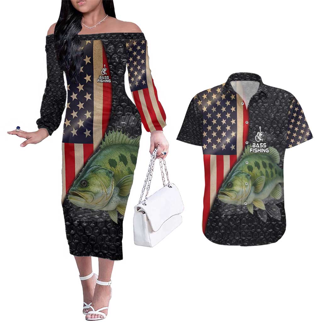 Custom Largemouth Bass Fishing Couples Matching Off The Shoulder Long Sleeve Dress and Hawaiian Shirt American Flag and Bubble Texture Background - Wonder Print Shop