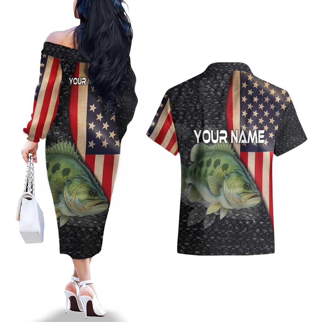 Custom Largemouth Bass Fishing Couples Matching Off The Shoulder Long Sleeve Dress and Hawaiian Shirt American Flag and Bubble Texture Background - Wonder Print Shop
