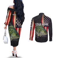 Custom Largemouth Bass Fishing Couples Matching Off The Shoulder Long Sleeve Dress and Long Sleeve Button Shirt American Flag and Bubble Texture Background - Wonder Print Shop