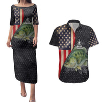 Custom Largemouth Bass Fishing Couples Matching Puletasi and Hawaiian Shirt American Flag and Bubble Texture Background - Wonder Print Shop