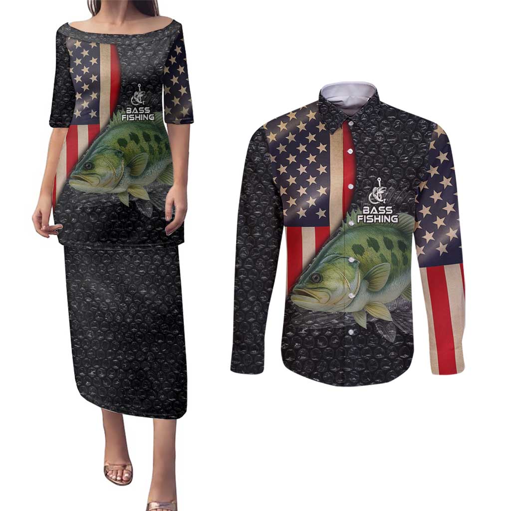Custom Largemouth Bass Fishing Couples Matching Puletasi and Long Sleeve Button Shirt American Flag and Bubble Texture Background - Wonder Print Shop