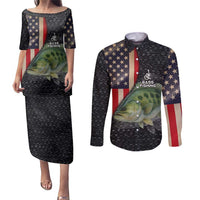 Custom Largemouth Bass Fishing Couples Matching Puletasi and Long Sleeve Button Shirt American Flag and Bubble Texture Background - Wonder Print Shop