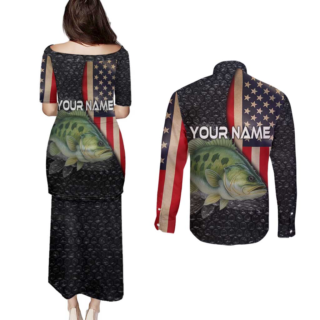 Custom Largemouth Bass Fishing Couples Matching Puletasi and Long Sleeve Button Shirt American Flag and Bubble Texture Background - Wonder Print Shop
