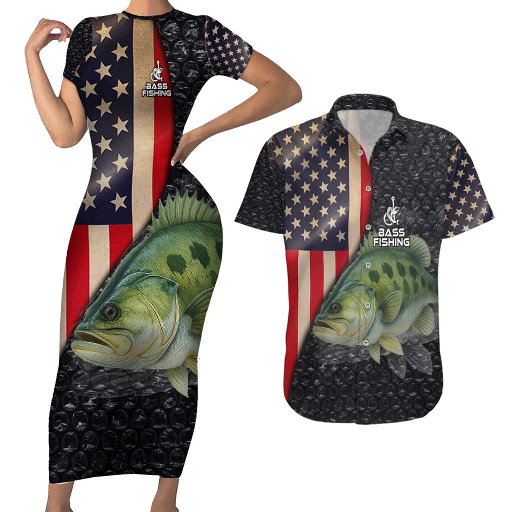 Custom Largemouth Bass Fishing Couples Matching Short Sleeve Bodycon Dress and Hawaiian Shirt American Flag and Bubble Texture Background - Wonder Print Shop