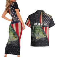 Custom Largemouth Bass Fishing Couples Matching Short Sleeve Bodycon Dress and Hawaiian Shirt American Flag and Bubble Texture Background - Wonder Print Shop