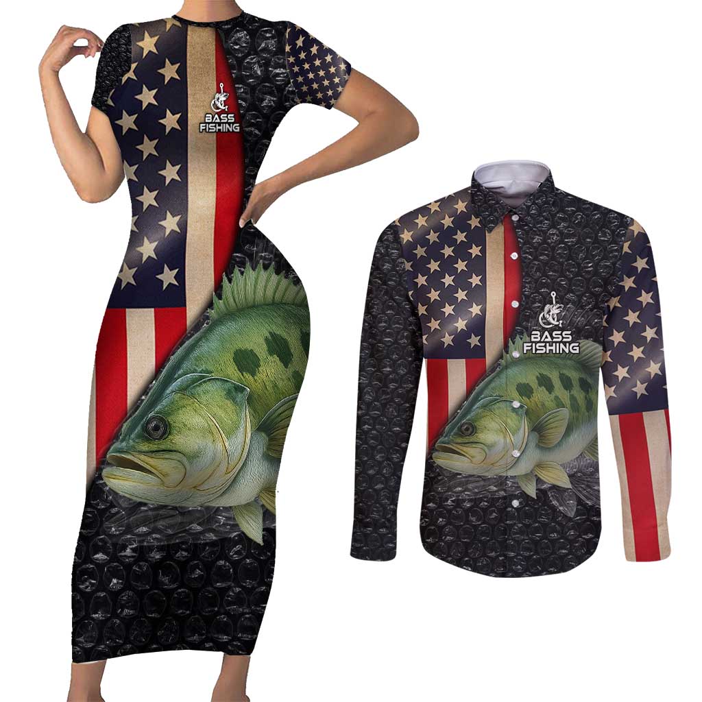 Custom Largemouth Bass Fishing Couples Matching Short Sleeve Bodycon Dress and Long Sleeve Button Shirt American Flag and Bubble Texture Background - Wonder Print Shop